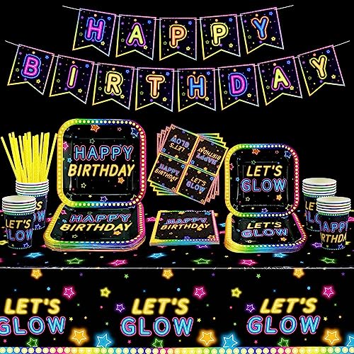 107 Stück leuchtendes Neon-Partygeschirr – Im Dunkeln leuchtende Banner, Pappteller, Servietten, Tassen und Tischdecke für Schwarzlicht-Neon-Geburtstagsparty-Dekorationen, für 20 Gäste von XJLANTTE