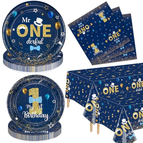 122 Stück Mr Onederful Geburtstagsdekorationen – blau-goldene Geburtstagsteller, Servietten und Tischdecken, Dekorationen für den ersten Geburtstag, Geschirr für Babyparty, für 40 Gäste von XJLANTTE