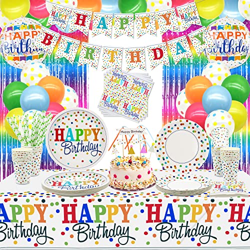 152 Stück Regenbogen-Party-Zubehör - bunte Luftballons, Geburtstagsbanner, Fransenvorhänge, Tortenaufleger, Teller, Servietten, Tassen und Tischdecke für Konfetti-Party-Dekorationen, für 20 Gäste von XJLANTTE