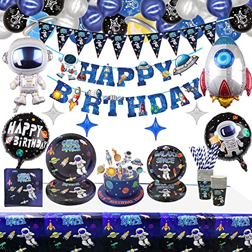 160 PCS Weltraum Partybedarf - Sonnensystem Partybedarf Ballon, Astronaut Happy Birthday Banner, Kuchendeckel, Teller, Servietten, Tasse, Tischdecke für Jungen-Kind-Partydekorationen, für 20 Gäste von XJLANTTE