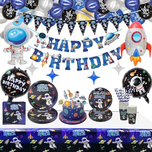 160 PCS Weltraum Partybedarf - Sonnensystem Partybedarf Ballon, Astronaut Happy Birthday Banner, Kuchendeckel, Teller, Servietten, Tasse, Tischdecke für Jungen-Kind-Partydekorationen, für 20 Gäste von XJLANTTE