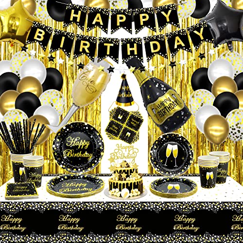 163 PCS schwarz-goldene Partydekorationen – schwarzgoldener Partyballon, Geburtstagsbanner, Fransenvorhang, Teller, Servietten und Tischdecke für Männer und Frauen, Partyzubehör, für 20 Gäste von XJLANTTE