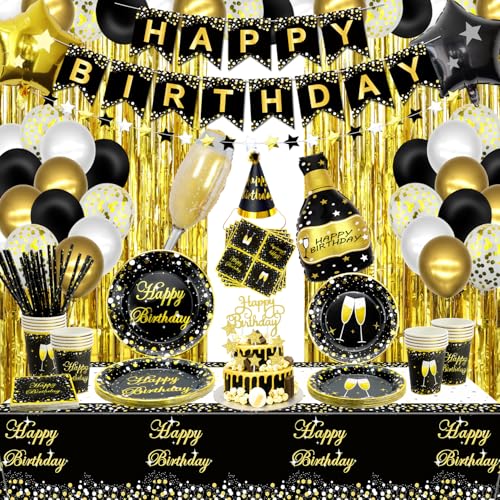 163 PCS schwarz-goldene Partydekorationen – schwarzgoldener Partyballon, Geburtstagsbanner, Fransenvorhang, Teller, Servietten und Tischdecke für Männer und Frauen, Partyzubehör, für 20 Gäste 163 PCS schwarz-goldene Partydekorationen – schwarzgoldener Partyballon, Geburtstagsbanner, Fransenvorhang, Teller, Servietten und Tischdecke für Männer und Frauen, Partyzubehör, für 20 Gäste von XJLANTTE