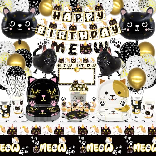 166 Pcs Katze Geburtstag Party Dekorationen - Katze Ballons, Katze Banner, DIY hängende Zeichen, Kuchen Topper, Teller, Servietten, Tassen und Tischdecke für Haustier Katze Geburtstag liefert von XJLANTTE