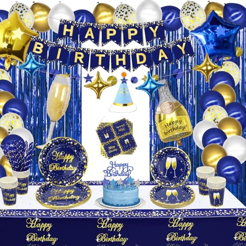 171 PCS Blau und Gold Party Dekorationen - Blau Gold Party Luftballons, Geburtstag Banner, Girlanden, Teller, Servietten, Tassen und Tischdecke für Kid Adult Party Supplies, Servieren Sie 20 Gäste von XJLANTTE