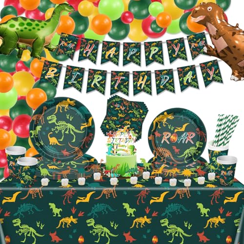 171 Stück Dinosaurier-Geburtstagsdekorationen – einschließlich Dinosaurier-Teller und Servietten, Becher, Luftballons, Geburtstagsbanner, Kuchenaufsatz und Dino-Tischdecke, für Jungen und Kinder 171 Stück Dinosaurier-Geburtstagsdekorationen – einschließlich Dinosaurier-Teller und Servietten, Becher, Luftballons, Geburtstagsbanner, Kuchenaufsatz und Dino-Tischdecke, für Jungen und Kinder von XJLANTTE