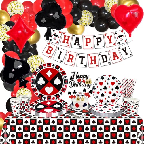 173Pcs Casino Geburtstag Dekorationen - Poker Teller, Servietten, Tassen, Luftballons, Geburtstag Banner, Cake Topper und Tischdecke für Poker Casino Party Supplies, serviert 20 Gäste (Casino-L) von XJLANTTE