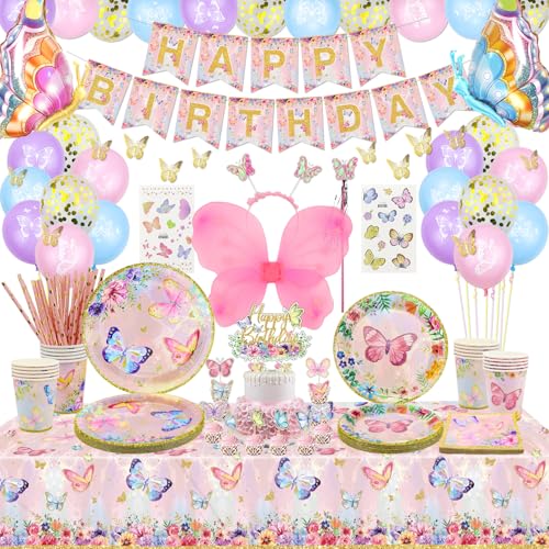 177 PCS Schmetterlings-Partydekorationen – ballons, Geburtstagsbanner, Tortenaufsatz, Feenflügel, Tattoo, Aufkleber, Teller, Servietten und Tischdecke für Mädchen, Frauen, Partyzubehör, für 20 Gäst 177 PCS Schmetterlings-Partydekorationen – ballons, Geburtstagsbanner, Tortenaufsatz, Feenflügel, Tattoo, Aufkleber, Teller, Servietten und Tischdecke für Mädchen, Frauen, Partyzubehör, für 20 Gäst von XJLANTTE
