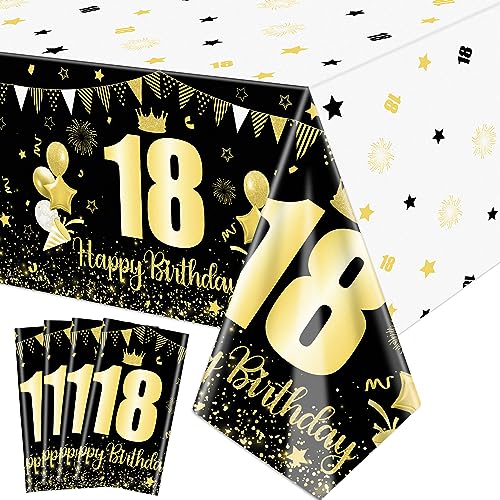 18.schwarz und Gold Party Tischdecken - 4Pcs Gold schwarz Geburtstag Dekorationen Tischdecke rechteckige Tischdecke Geburtstag Tischdekorationen für innen oder außen, 130x220cm von XJLANTTE