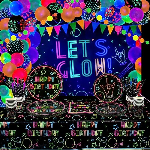 183 Stück Glühen Neon Party Zubehör - Neon Luftballons, leuchtende LET'S GLOW Backdrop Banner, Girlanden, Tischtuch, Teller, Servietten und Becher für Schwarzlicht Party-Dekorationen, Für 20 Gäste von XJLANTTE