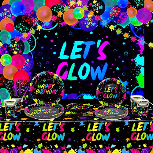 184 Stück Glühen Neon Party Zubehör - Neon Luftballons, leuchtende LET'S GLOW Backdrop Banner, Girlanden, Tischtuch, Teller, Servietten und Becher für Schwarzlicht Party-Dekorationen, Für 20 Gäste von XJLANTTE