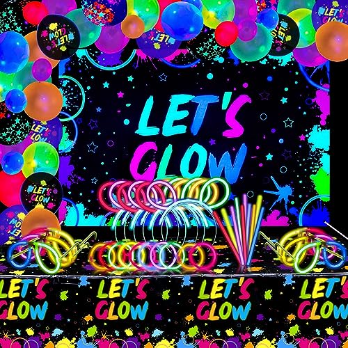190 Stück Neon Glow Geburtstag Party Supplies-Hintergrund Banner, Tischdecke, Glow in the Dark Luftballons, Glow Sticks, Armband Connectors, Brillen und Stirnband für Kinder Neon Party Dekorationen von XJLANTTE