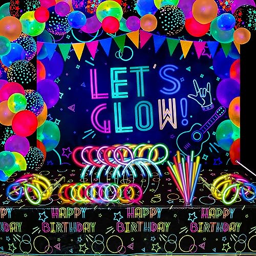 XJLANTTE 190 Stück Neon Glow Geburtstag Party Zubehör -Backdrop Banner, Tischdecke, Glow in The Dark Ballons, Glow Sticks, Armband Connectors, Brillen und Stirnband für Kinder Neon Party Dekorationen von XJLANTTE