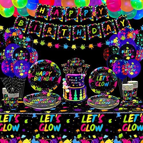 225 Stück leuchtendes Neon-Partyzubehör – Ballon, im Dunkeln leuchtendes Geburtstagsbanner, Tortenaufsatz, Tischdecke, Teller, Servietten und Becher für Schwarzlicht Dekorationen, für 20 Gäste von XJLANTTE