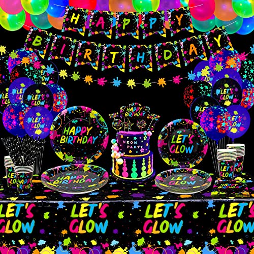 225 Stück leuchtendes Neon-Partyzubehör – Ballon, im Dunkeln leuchtendes Geburtstagsbanner, Tortenaufsatz, Tischdecke, Teller, Servietten und Becher für Schwarzlicht Dekorationen, für 20 Gäste 225 Stück leuchtendes Neon-Partyzubehör – Ballon, im Dunkeln leuchtendes Geburtstagsbanner, Tortenaufsatz, Tischdecke, Teller, Servietten und Becher für Schwarzlicht Dekorationen, für 20 Gäste von XJLANTTE