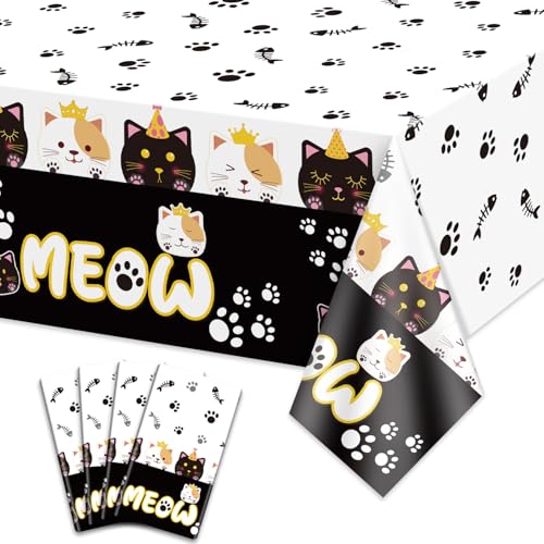 4Pcs Katze Partei Tischdecken - 130x220cm Haustier Kätzchen Geburtstag Dekorationen Tischabdeckung, rechteckige Meow Katze Tischdecke für Kätzchen Party Dekorationen Haustier Geburtstag Supplies von XJLANTTE