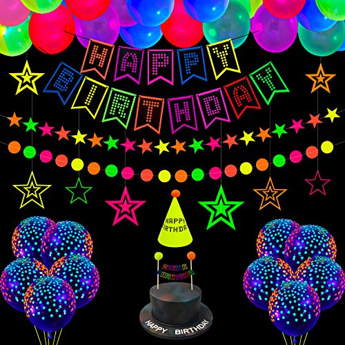 XJLANTTE 53 Stück Glow Neon Birthday Party Supplies - Neon Luftballons, Glow in the Dark Alles Gute zum Geburtstag Banner mit UV Schwarzlicht Reactive Cake Topper, Hüte XJLANTTE 53 Stück Glow Neon Birthday Party Supplies - Neon Luftballons, Glow in the Dark Alles Gute zum Geburtstag Banner mit UV Schwarzlicht Reactive Cake Topper, Hüte von XJLANTTE