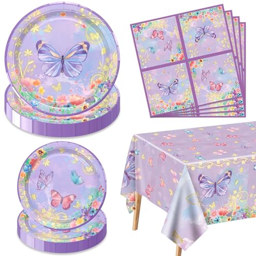 61 Stück Schmetterling Geburtstag Dekorationen - Lila Party Dekorationen Schmetterling Teller, Servietten und Blumenfee Tischdecke für Feen Geburtstag Party Supplies, Serve 20 von XJLANTTE