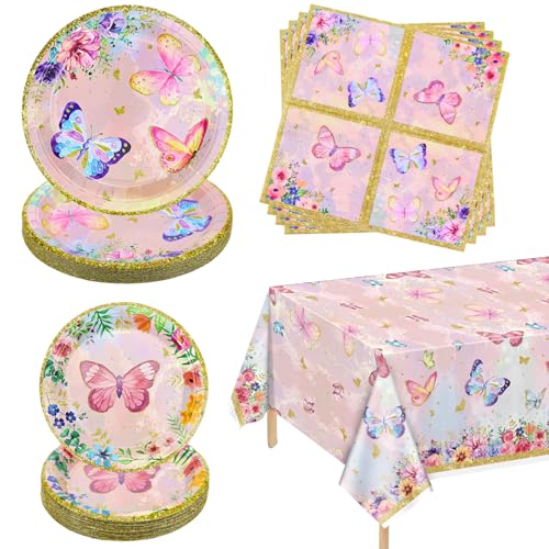 61 Stück Schmetterling Geburtstag Dekorationen - Rosa Schmetterling Party Dekorationen Teller, Servietten und Blumen Tischdecke für Fee Schmetterling Geburtstag Party Supplies, Serve 20 von XJLANTTE