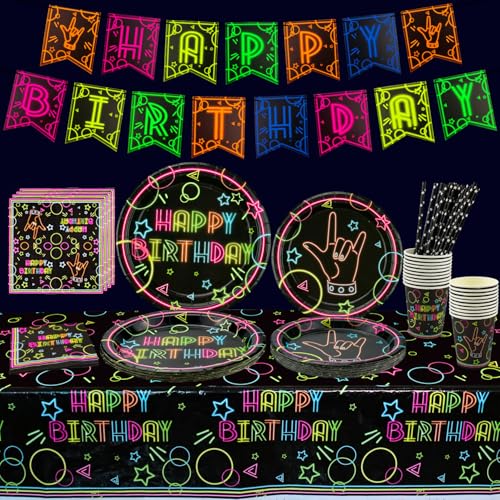 Glow Neon Partyzubehör - Glühen im Dunkeln Thema Alles Gute zum Geburtstag Banner, Teller, Servietten, Becher, Tischtuch und Papierstrohhalme für Schwarzlicht Neon Party Dekorationen, für 20 Gäste Glow Neon Partyzubehör - Glühen im Dunkeln Thema Alles Gute zum Geburtstag Banner, Teller, Servietten, Becher, Tischtuch und Papierstrohhalme für Schwarzlicht Neon Party Dekorationen, für 20 Gäste von XJLANTTE