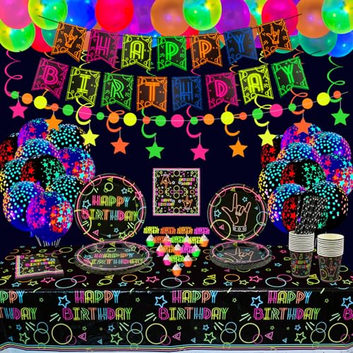 Glow Neon Partyzubehör - Neonballon, Glow in the Dark Happy Birthday Banner, hängende Wirbel, Kuchendeckel, Tischdecke, Teller, Servietten, Tasse für Schwarzlicht-Partydekorationen, für 20 Gäste Glow Neon Partyzubehör - Neonballon, Glow in the Dark Happy Birthday Banner, hängende Wirbel, Kuchendeckel, Tischdecke, Teller, Servietten, Tasse für Schwarzlicht-Partydekorationen, für 20 Gäste von XJLANTTE