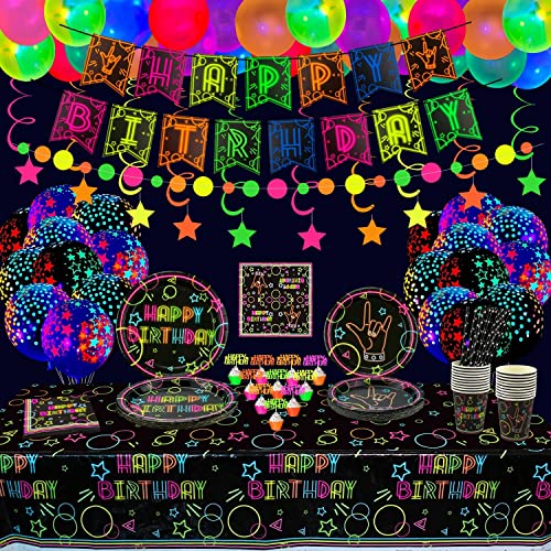 Glow Neon Partyzubehör - Neonballon, Glow in the Dark Happy Birthday Banner, hängende Wirbel, Kuchendeckel, Tischdecke, Teller, Servietten, Tasse für Schwarzlicht-Partydekorationen, für 20 Gäste von XJLANTTE