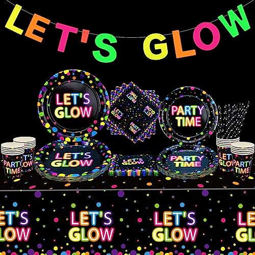 Glühen in der Dunklen Party Zubehör - Include Glow in The Dark Banner, Teller, Tassen, Servietten und Tischdecken für Glow Party Zubehör Schwarzlicht Neon Party Dekorationen, Servieren für 20 von XJLANTTE