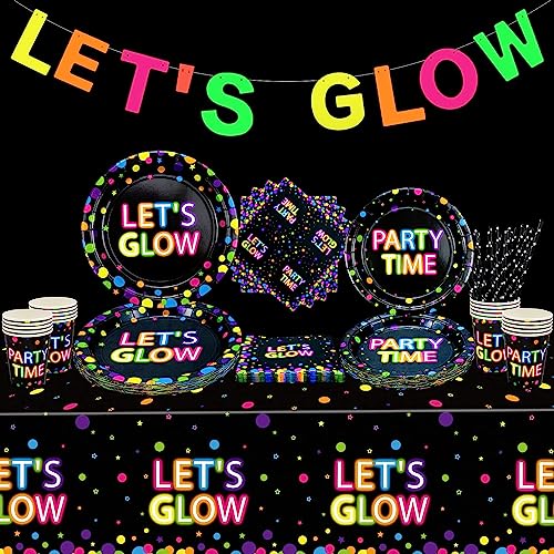Glühen in der Dunklen Party Zubehör - Include Glow in The Dark Banner, Teller, Tassen, Servietten und Tischdecken für Glow Party Zubehör Schwarzlicht Neon Party Dekorationen, Servieren für 20 Glühen in der Dunklen Party Zubehör - Include Glow in The Dark Banner, Teller, Tassen, Servietten und Tischdecken für Glow Party Zubehör Schwarzlicht Neon Party Dekorationen, Servieren für 20 von XJLANTTE