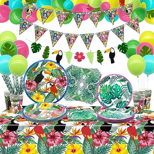 Hawaiianisches Luau-Partyzubehör – tropisches Geburtstagsbanner, Latexballon, Palmblätter, Hibiskusblüten, Pappteller, Servietten, Tassen und Tischdecke für Sommerparty-Dekorationen, für 20 Gäste von XJLANTTE