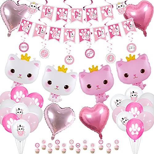 XJLANTTE Katzengeburtstagsfeierzubehör - Katzen-Alles- Gute zum Geburtstagbanner, Kronen-Katzenballon, Katzenpfoten-Macaron-Ballon, Herzballon (Set 01) von XJLANTTE