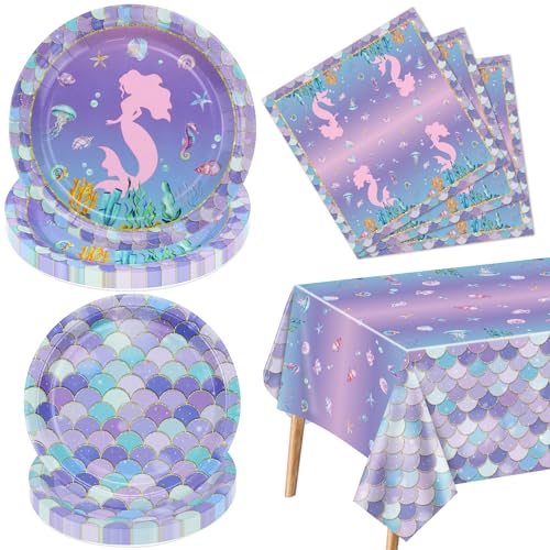 Meerjungfrau Party Dekorationen - 61Pcs Meerjungfrau Party Geschirr Set, Tischdecke, Meerjungfrau Skala Teller und Servietten für unter dem Meer Ozean kleine Meerjungfrau Party Supplies, dient 20 von XJLANTTE