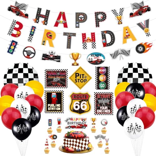Rennwagen-Geburtstagsparty-Dekorationen - Rennsport-Geburtstagsbanner, Zielflaggenballons, Verkehrszeichenausschnitte und Kuchendeckel für Kinderjungen Let's Go Racing-Partyzubehör Rennwagen-Geburtstagsparty-Dekorationen - Rennsport-Geburtstagsbanner, Zielflaggenballons, Verkehrszeichenausschnitte und Kuchendeckel für Kinderjungen Let's Go Racing-Partyzubehör von XJLANTTE