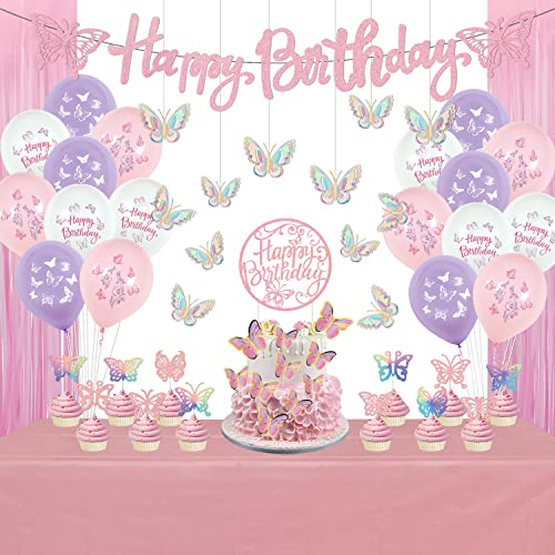 Schmetterlings-Geburtstagsparty-Dekorationen – Happy-Birthday-Banner, Latexballons, 3D-Schmetterlingsaufkleber, Tortenaufsatz, Fransenvorhänge und Tischdecke für Mädchen, Frühlingsgartenparty-Zubehör von XJLANTTE