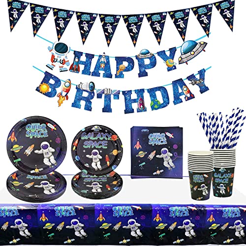 Weltraum Partybedarf - Galaxy Planet Theme Happy Birthday Banner, Teller, Servietten, Tasse, Strohhalme und Tischdecke für Jungen Kinder Partydekorationen, für 20 Gäste von XJLANTTE