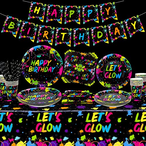 XJLANTTE 167 Stück Glow Neon-Partyzubehör - Im Dunkeln leuchtendes Geburtstagsbanner, Teller, Servietten, Tasse und Tischdecke für Schwarzlicht-Neon-Party-Dekorationen, für 20 Gäste von XJLANTTE