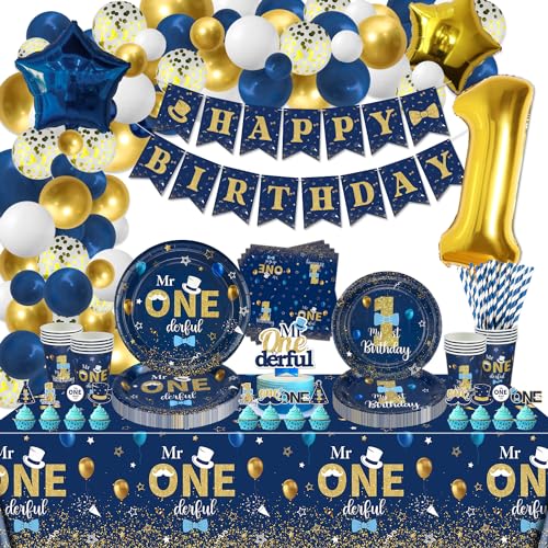 XJLANTTE 172 Stück Mr Onederful Geburtstagsdekorationen – blau-goldene Geburtstagsteller, Servietten, Becher, Luftballons, Geburtstagsbanner, Kuchenaufsatz und Tischdecke für Babyparty, 1 von XJLANTTE