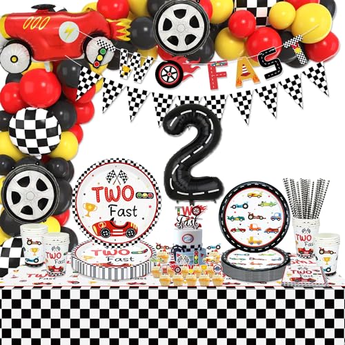 XJLANTTE 186 Stück Rennwagen-Geburtstagsdekorationen – Rennwagen-Luftballons, Becher, Tischdecke, für die Geburtstagsfeier von Jungen im Alter von zwei Jahren, für 20 Gäste (zwei schnelles Set) von XJLANTTE