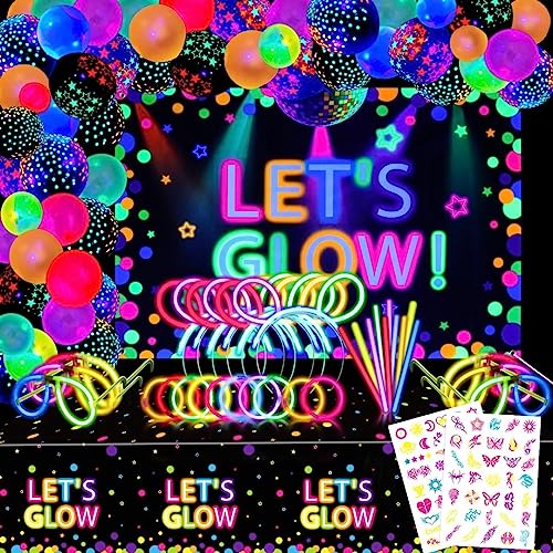 XJLANTTE 192 Pcs Glow in The Dark Party Supplies. Enthalten Let's Glow Neon Party Backdrop, Neon Ballons, Tischdecke, Glow Sticks Party Pack, Glow Party Supplies Blacklight Neon Party Dekorationen von XJLANTTE
