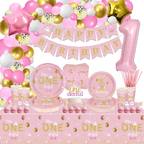 XJLANTTE | 232er-Pack Miss Onederful-Geburtstagsdekorationen – Teller, Servietten, Tassen, Luftballons, Geburtstagsbanner, 1. Geburtstag des Mädchens, für 20 Personen von XJLANTTE