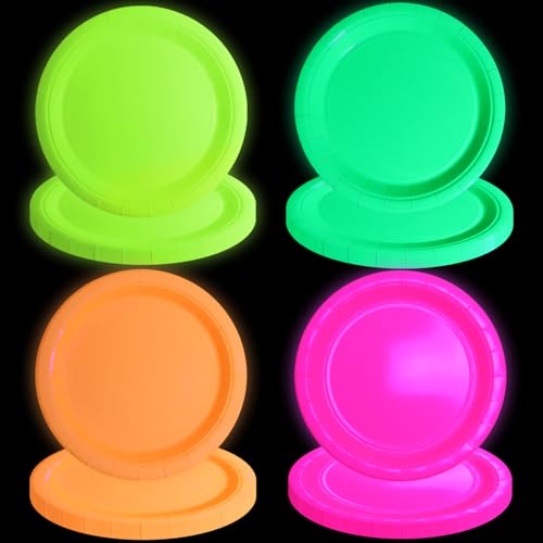 XJLANTTE 40 Stück leuchtende Teller, Neon-Partydekorationen, 4 Farben, Neon-Pappteller, Geburtstagsparty-Teller für leuchtende Partyzubehör, Partydekorationen, 22,9 cm (40 Stück) von XJLANTTE