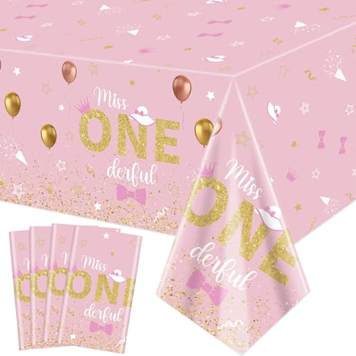 XJLANTTE | 4er-Pack Tischdecken zum 1. Geburtstag von Miss Onederful – rechteckige Tischdecken in Roségold, für Mädchen, Einjährige, Babyparty-Zubehör, 130 x 220 cm (Miss Onederful) von XJLANTTE