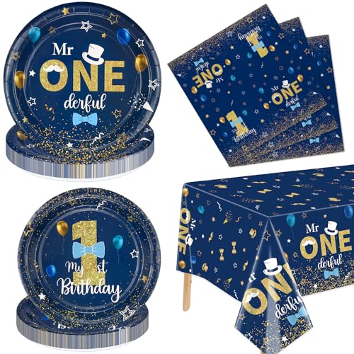 XJLANTTE Mr Onederful Geburtstagsdekorationen – blau-goldene Geburtstagsteller, Servietten und Tischdecken, Dekorationen für den ersten Geburtstag, Geschirr für Babyparty, für 20 Gäste von XJLANTTE