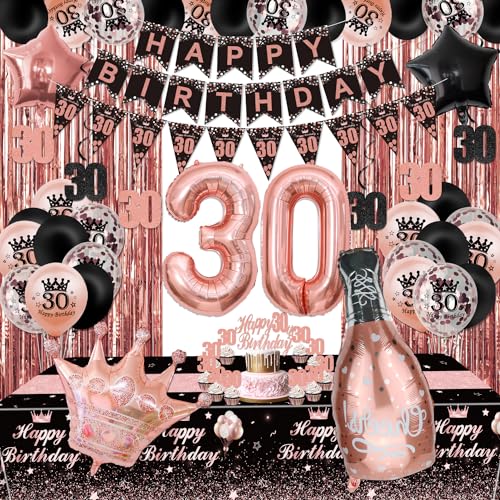 XJLANTTE Partydekorationen zum 30. Geburtstag in Schwarz und Roségold – Banner „Happy Birthday“, Wimpel, Geburtstagsballons, Fransenvorhänge, Tischdecke, Kuchendekoration von XJLANTTE