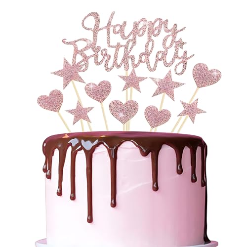 XKSOCT 22 Stück Tortendeko Rosegold,Geburtstag Dekoration,Happy Birthday Sterne Cake Topper Kuchendeko Rosa Gold von XKSOCT