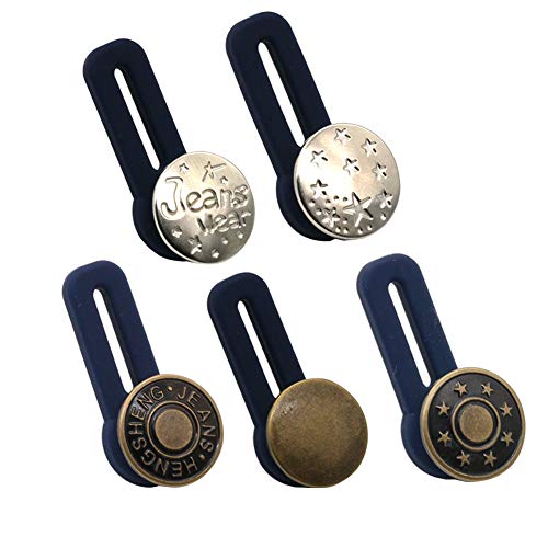 5 Stück flexible Gummi-Bekleidungsstücke für Hosen, Kleid, Hemd, Hals-Verlängerungen, kleine Kleingeld, große Jeansknöpfe (3 Bronze, 2 Silber) von XKT