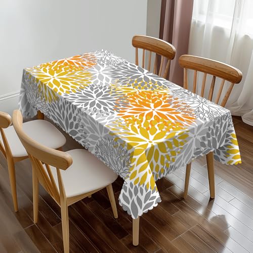 XLIANBIN Rechteckige Tischdecke mit Dahlie, orangefarbene Blume, Chrysanthemen, Tischdecke, Esstisch, Abdeckung für Zuhause, Küche, Restaurant, Party, Buffet, Picknick, 137 x 183 cm, Gelb / Grau von XLIANBIN
