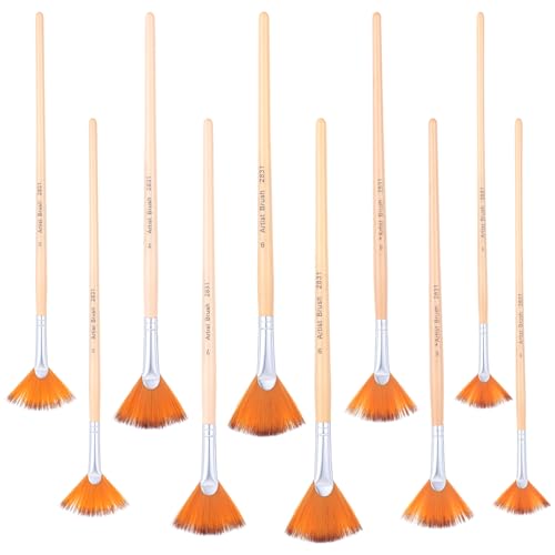 XLIUAX 10 Stück Fächerpinsel Malen Pinsel Set, Nylon Fächer Pinsel mit Langer Holzgriff Malpinsel Anti Feder Pinsel für Kunst Acryl Aquarell Ölgemälde(1/3/5/7/9#) von XLIUAX