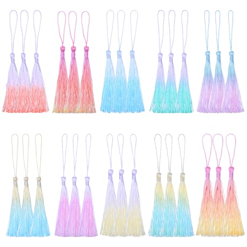 XLIUAX 30 Stück Bunt Quaste Anhänger Troddel, 14cm Lesezeichen Quasten Anhänger Seidig Weiche Bunte Quasten mit Cord Loops für DIY Handwerk Zubehör Wohnkultur Schlüsselanhänger Schmuckherstellung von XLIUAX