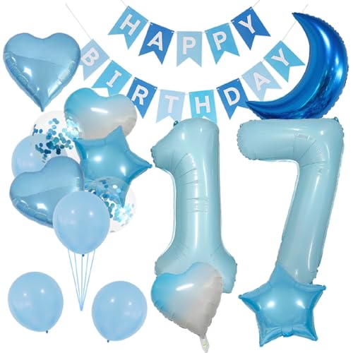 Blaue Zahl 17 Luftballons, Mondstern-Girlande, Party-Dekoration, 17 Luftballons, Weltraum-Thema, 17. Party, Dekoration mit Folienstern-Herz-Ballon für Jungen, 17. Geburtstag, Party, 17 Blaue Zahl 17 Luftballons, Mondstern-Girlande, Party-Dekoration, 17 Luftballons, Weltraum-Thema, 17. Party, Dekoration mit Folienstern-Herz-Ballon für Jungen, 17. Geburtstag, Party, 17 von XLOOD