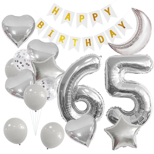 Silberfarbene Zahl 65 Luftballons, Mondstern-Girlande, Partydekoration, 65 Luftballons, Weltraum-Thema, 65. Party, Dekoration mit Folienstern-Herz-Ballon für Jungen, 65. Geburtstag, Party, 65 Silberfarbene Zahl 65 Luftballons, Mondstern-Girlande, Partydekoration, 65 Luftballons, Weltraum-Thema, 65. Party, Dekoration mit Folienstern-Herz-Ballon für Jungen, 65. Geburtstag, Party, 65 von XLOOD